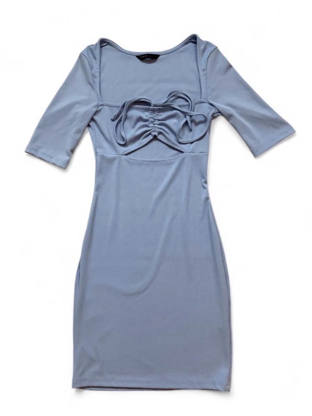 Light Baby Blue Bodycon Dress With Tie Front Detail & Small Cutout